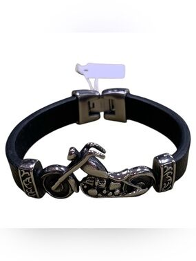 Black Leather Bracelet with Silver Motorcycle Charm -
